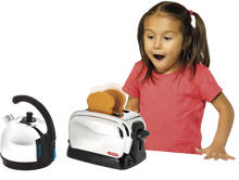 Load image into Gallery viewer, Realistic Toaster and Kettle Set brought to you by Casdon, children can fill the kettle and watch the toast pop up as they pretend to be grown ups and help out in the kitchen.  This breakfast set will feel just like real life when children turn the timer knob on the toaster and push the button on the kettle.