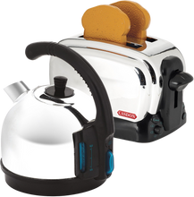 Load image into Gallery viewer, Realistic Toaster and Kettle Set brought to you by Casdon, children can fill the kettle and watch the toast pop up as they pretend to be grown ups and help out in the kitchen.  This breakfast set will feel just like real life when children turn the timer knob on the toaster and push the button on the kettle.