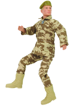 Load image into Gallery viewer, Action Man retro, movable soldier from Hasbro with many distinctive features, such as the scar on his cheek, identification tag/dog tag, military camouflaged uniform, boots and beret in walking pose