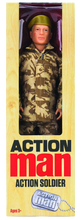 Load image into Gallery viewer, Action Man retro, movable soldier from Hasbro with many distinctive features, such as the scar on his cheek, identification tag/dog tag, military camouflaged uniform, boots and beret in box