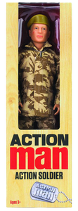 Action Man retro, movable soldier from Hasbro with many distinctive features, such as the scar on his cheek, identification tag/dog tag, military camouflaged uniform, boots and beret in box