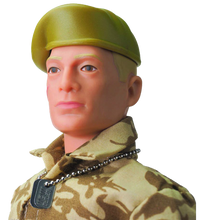 Load image into Gallery viewer, Action Man retro, movable soldier from Hasbro with many distinctive features, such as the scar on his cheek, identification tag/dog tag, military camouflaged uniform, boots and beret.  Close up of head.