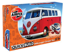 Load image into Gallery viewer, Enjoy the nostalgia of this Airfix QUICK BUILD VW Camper Van brought to you by Hornby Hobbies, this vintage classic model kit will create hours of fun, an exciting simple, snap together model suitable as an introduction to modelling for kids or as a bit of construction fun for the more experienced modeller.  
