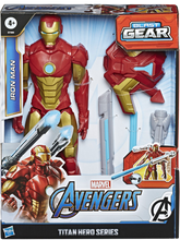 Load image into Gallery viewer, Iron Man figure brought to you by Hasbro, inspired by Marvel Comics, will be igniting children's imaginations with this classic Avengers action hero, when kids connect the Titan Hero Blast Gear launcher to this figure’s back port, they can launch projectiles!