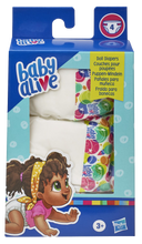 Load image into Gallery viewer, Stock up on Baby Alive Doll nappies, ready for those nappy changing fun moments with your baby alive doll (doll sold separately) Children can nurture and care for their baby, when it eats and drinks, the baby will pee and poop in their nappy and will need changing, children can pretend and be just like mummy and daddy.  Boxed image