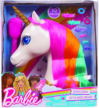 Load image into Gallery viewer, Barbie Dreamtopia Unicorn Styling head is wonderful for little ones who love to play with hair.  Every little girl loves unicorns and this one is simply beautiful with her long lashes and multi-coloured hair.  The Barbie Unicorn styling head can be twisted and tied with the clips and hair bands included in the box and her hair can be made silky smooth with the brush provided.