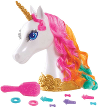 Load image into Gallery viewer, Barbie Dreamtopia Unicorn Styling head is wonderful for little ones who love to play with hair.  Every little girl loves unicorns and this one is simply beautiful with her long lashes and multi-coloured hair.  The Barbie Unicorn styling head can be twisted and tied with the clips and hair bands included in the box and her hair can be made silky smooth with the brush provided.