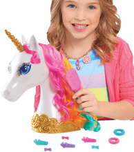 Load image into Gallery viewer, Barbie Dreamtopia Unicorn Styling head is wonderful for little ones who love to play with hair.  Every little girl loves unicorns and this one is simply beautiful with her long lashes and multi-coloured hair.  The Barbie Unicorn styling head can be twisted and tied with the clips and hair bands included in the box and her hair can be made silky smooth with the brush provided.