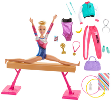 Load image into Gallery viewer, Barbie! You can be ANYTHING! with this set you can be a gymnast! Barbie can tumble, twist and turn with the balance beam and 15 + accessories, pretend you have won the Olympics and win trophies and medals, all included in the Barbie Gymnast set.  Barbie is wearing a colourful metallic leotard and she can do an outfit change with the extra outfits included with the se