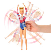 Load image into Gallery viewer, Barbie! You can be ANYTHING! with this set you can be a gymnast! Barbie can tumble, twist and turn with the balance beam and 15 + accessories, pretend you have won the Olympics and win trophies and medals, all included in the Barbie Gymnast set.  Barbie is wearing a colourful metallic leotard and she can do an outfit change with the extra outfits included with the se