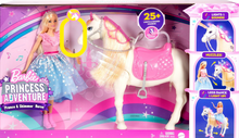 Load image into Gallery viewer, Barbie Princess Adventure with her beautiful prance and shimmer white horse, legs dance and light up to 3 x original songs, imaginations will be sent on a magical adventure, children can pretend they are a real life princess with touch-activated features like sounds, songs and realistic movements.