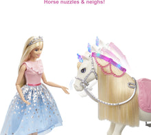 Load image into Gallery viewer, Barbie Princess Adventure with her beautiful prance and shimmer white horse, legs dance and light up to 3 x original songs, imaginations will be sent on a magical adventure, children can pretend they are a real life princess with touch-activated features like sounds, songs and realistic movements.