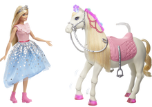 Load image into Gallery viewer, Barbie Princess Adventure with her beautiful prance and shimmer white horse, legs dance and light up to 3 x original songs, imaginations will be sent on a magical adventure, children can pretend they are a real life princess with touch-activated features like sounds, songs and realistic movements.
