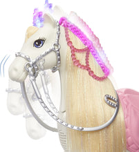 Load image into Gallery viewer, Barbie Princess Adventure with her beautiful prance and shimmer white horse, legs dance and light up to 3 x original songs, imaginations will be sent on a magical adventure, children can pretend they are a real life princess with touch-activated features like sounds, songs and realistic movements.