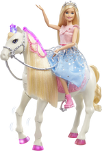 Load image into Gallery viewer, Barbie Princess Adventure with her beautiful prance and shimmer white horse, legs dance and light up to 3 x original songs, imaginations will be sent on a magical adventure, children can pretend they are a real life princess with touch-activated features like sounds, songs and realistic movements.