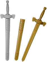 Load image into Gallery viewer, With the Knights and Warriors Battle Sword children can imagine that they are brave warriors, mighty kings and queens from legends and charge into battle to defeat their enemies. The sword is made out of smooth, light-weight plastic. Comes in either gold or silver, colour will be picked at random.