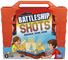 Load image into Gallery viewer, Bounce 'em in to sink and win! The Battleship Shots game presents a ball-tossing twist to Battleship game play. It's head-to-head competition, strategy, and excitement as players get on their feet and bounce or toss their balls over the divider to land them inside their opponent's ships! Players can amp up the suspense when they go for an immediate win by getting the red ball into their opponent's life raft. No ship is safe in this game of stealth and suspense, so position ships strategically to survive an