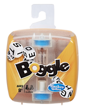 Load image into Gallery viewer, Boggle is a fantastic handbag sized game, that can be taken on your travels or played at home with the family, earn points by spotting words your friends don't before the time runs out.  Shake the grid to mix up the letter cubes.  Then lift the lid and flip the timer.  Players have 90 seconds to write down as many words as they can find on the grid before the time is up.  At the end of the round, score the words.
