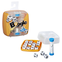 Load image into Gallery viewer, Boggle is a fantastic handbag sized game, that can be taken on your travels or played at home with the family, earn points by spotting words your friends don't before the time runs out.  Shake the grid to mix up the letter cubes.  Then lift the lid and flip the timer.  Players have 90 seconds to write down as many words as they can find on the grid before the time is up.  At the end of the round, score the words.