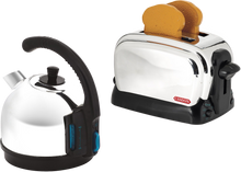 Load image into Gallery viewer, Realistic Toaster and Kettle Set brought to you by Casdon, children can fill the kettle and watch the toast pop up as they pretend to be grown ups and help out in the kitchen.  This breakfast set will feel just like real life when children turn the timer knob on the toaster and push the button on the kettle.