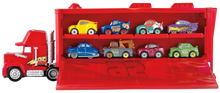 Load image into Gallery viewer, For every child that loves the Disney Pixar movie cars, they will love the Cars Mini Mack Truck Transporter, comes complete with one Lightening McQueen mini car, little ones can pretend to be Mack the truck transporting cars across the freeway, losing themselves in their imagination.