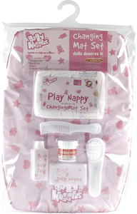 Little girls and boys love to copy what Mummy and Daddy do and this changing mat set is perfect for pretending to be grown ups, children can lay their baby on the mat and change their nappy included in the set, they can even use the pretend products to clean baby with baby huggies wipes, make sure they don't get a sore bottom with the Sudocreme, add a little powder and once finished they can brush their babies hair.  This is a wonderful set for role play.