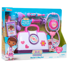 Load image into Gallery viewer, Little one's can have lots of fun pretending to be a doctor with this fun Doc McStuffin Doctor Bag Set, fantastic role play item with a light and sound stethoscope, ID card thermometer and many other items so your little one can make mummy and daddy all better!
