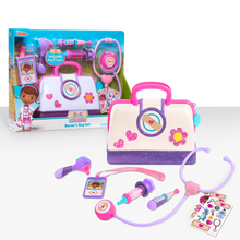 Load image into Gallery viewer, Little one's can have lots of fun pretending to be a doctor with this fun Doc McStuffin Doctor Bag Set, fantastic role play item with a light and sound stethoscope, ID card thermometer and many other items so your little one can make mummy and daddy all better!