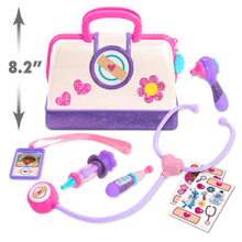 Load image into Gallery viewer, Little one's can have lots of fun pretending to be a doctor with this fun Doc McStuffin Doctor Bag Set, fantastic role play item with a light and sound stethoscope, ID card thermometer and many other items so your little one can make mummy and daddy all better!