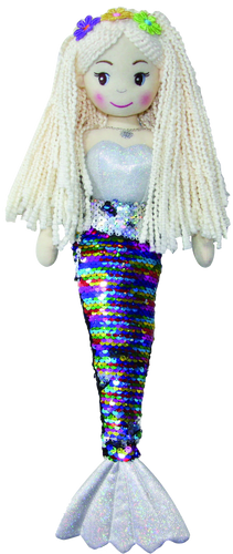 Eden is a beautiful is an 18in Mermaid Rag Doll, tha every little girl would love to have in her soft toy collection.  She has a stunning reversible sequin mermaid tail, which is multi-coloured on one side and silver on the reverse, she has pretty flowers in her hair.  Little ones can let their imaginations run wild and pretend to be a mermaid in the sea.