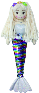 Eden is a beautiful is an 18in Mermaid Rag Doll, tha every little girl would love to have in her soft toy collection.  She has a stunning reversible sequin mermaid tail, which is multi-coloured on one side and silver on the reverse, she has pretty flowers in her hair.  Little ones can let their imaginations run wild and pretend to be a mermaid in the sea.