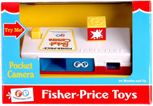 Load image into Gallery viewer, Pocket Camera, first introduced in 1974, the Fisher-Price Camera resembled popular 35mm cameras of the time.  It introduces 27 pictures of a trip to the zoo that you can see by looking trough the view  finder.  Press the cameras button to advance the pictures and make the flash cube turn automatically.
