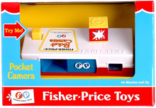 Load image into Gallery viewer, Pocket Camera, first introduced in 1974, the Fisher-Price Camera resembled popular 35mm cameras of the time.  It introduces 27 pictures of a trip to the zoo that you can see by looking trough the view  finder.  Press the cameras button to advance the pictures and make the flash cube turn automatically.