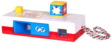 Load image into Gallery viewer, Pocket Camera, first introduced in 1974, the Fisher-Price Camera resembled popular 35mm cameras of the time.  It introduces 27 pictures of a trip to the zoo that you can see by looking trough the view  finder.  Press the cameras button to advance the pictures and make the flash cube turn automatically.