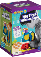 Load image into Gallery viewer, Does your child love science? Explore your world with My First Microscope.  Ignite the spark in every child! There is a light inside all of us that shines brightest when we are playing.  Specimin tray holds flat and 3D objects so your child can investigate all kinds of wonderful objects.