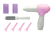 Load image into Gallery viewer, Your little one will love to use this hair dryer set to pretend to be a real life hair dresser, they can brush hair and use clips and rollers to make different styles.  He/She can decide if they need a different nozzle for the hair dryer, and choose if they would like the speed to be fast or slow, they can push the button to hear the realistic sound as the blow dry and style hair.