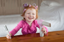 Load image into Gallery viewer, Your little one will love to use this hair dryer set to pretend to be a real life hair dresser, they can brush hair and use clips and rollers to make different styles.  He/She can decide if they need a different nozzle for the hair dryer, and choose if they would like the speed to be fast or slow, they can push the button to hear the realistic sound as the blow dry and style hair.