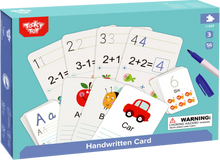 Load image into Gallery viewer, These fantastic cards are great to help your little one with their handwriting & learning.  Each wipeable card has an image they will recognise and a word or sum they will need to copy using the markers provided, the cards can be wiped clean with the wiping rags and used again for next time.