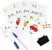 Load image into Gallery viewer, These fantastic cards are great to help your little one with their handwriting & learning.  Each wipeable card has an image they will recognise and a word or sum they will need to copy using the markers provided, the cards can be wiped clean with the wiping rags and used again for next time.