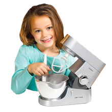Load image into Gallery viewer, Little ones love to copy Mummy and Daddy and help out in the kitchen.  Now your child can feel exactly like a grown-up with this fantastic realistic Kenwood Mixer.  They can have some real baking fun with this working Kenwood Mixer, recipe book and spatula.  Let&#39;s lift up the arm and insert the &quot;K&quot; beater or whisk to combine ingredients for pancakes, omelettes or cakes.  Let&#39;s use the hand lever, or one of the 2 battery-operated speeds to mix-up tasty treats in the kitchen, anytime! 
