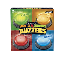 Load image into Gallery viewer, Create a buzz around learning with four fun sounds! Respond to questions with these fun and colourful buzzers, they come in Red, Yellow, Blue and Green, so everyone can pick their favourite colour! These great buzzers can be used for board games or how about using them when you see a correct answer during learning!