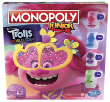 Load image into Gallery viewer, Everybody loves the traditional game of Monopoly, well now your little ones can enjoy it too, with Monopoly Junior the Trolls World Tour Edition.  Your child can play with the much loved characters from the movie, Poppy, Branch, Queen Barb and Cooper, learn to earn with your favourite Trolls, Count and collect the most tiny diamond cash to win!
