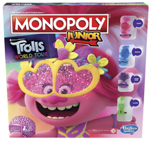 Load image into Gallery viewer, Everybody loves the traditional game of Monopoly, well now your little ones can enjoy it too, with Monopoly Junior the Trolls World Tour Edition.  Your child can play with the much loved characters from the movie, Poppy, Branch, Queen Barb and Cooper, learn to earn with your favourite Trolls, Count and collect the most tiny diamond cash to win!