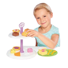 Load image into Gallery viewer, Humpty Dumpty are pleased to be offering the Mr Kipling cake stand with Tea set, this afternoon tea set includes such cakes as fondant fancy, bakewell tart, battenberg, jam tart and apple pie, your little ones can learn through role play by making teatime fun with shape sorting, little girl enjoying playing