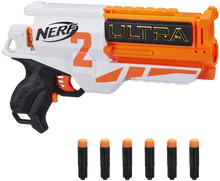 Load image into Gallery viewer, The Nerf Ultra Two motorized blaster features fast-back reloading. The 6-dart cylinder is open in the back -- you can look inside to see how many darts are left to know when to reload. Hold down the acceleration button to power up the motor, and press the trigger to fire 1 dart. Includes 6 Nerf Ultra darts that are compatible only with Nerf Ultra blasters. Darts fly up to 120 feet (36 meters)!