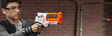 Load image into Gallery viewer, The Nerf Ultra Two motorized blaster features fast-back reloading. The 6-dart cylinder is open in the back -- you can look inside to see how many darts are left to know when to reload. Hold down the acceleration button to power up the motor, and press the trigger to fire 1 dart. Includes 6 Nerf Ultra darts that are compatible only with Nerf Ultra blasters. Darts fly up to 120 feet (36 meters)!