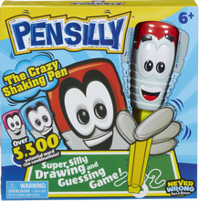 Load image into Gallery viewer, Pensilly is the super silly wobbly, shaking pen, that makes it very hard but very funny to draw what is on your card! This fun for all the family game, will have everyone in fits of laughter as they try and draw whilst the pen trembles in your hand before the timer runs out! With over 5500 potential word clue combinations! Laugh yourself silly and guess the sketch! Its going to take creativity, teamwork and imagination!