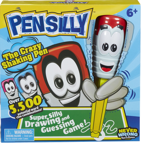 Pensilly is the super silly wobbly, shaking pen, that makes it very hard but very funny to draw what is on your card! This fun for all the family game, will have everyone in fits of laughter as they try and draw whilst the pen trembles in your hand before the timer runs out! With over 5500 potential word clue combinations! Laugh yourself silly and guess the sketch! Its going to take creativity, teamwork and imagination!