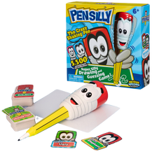 Load image into Gallery viewer, Pensilly is the super silly wobbly, shaking pen, that makes it very hard but very funny to draw what is on your card! This fun for all the family game, will have everyone in fits of laughter as they try and draw whilst the pen trembles in your hand before the timer runs out! With over 5500 potential word clue combinations! Laugh yourself silly and guess the sketch! Its going to take creativity, teamwork and imagination!