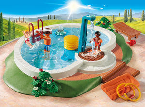 Enjoy the sun and a cooling swim with the Playmobil 9422 Family Fun Swimming Pool playset. The set features a pool, which can be filled with water and includes a functioning shower; simply press the pump to activate. There is also a floating raft for a relaxing float in the pool and, for added fun, an octopus toy, which can squirt water!